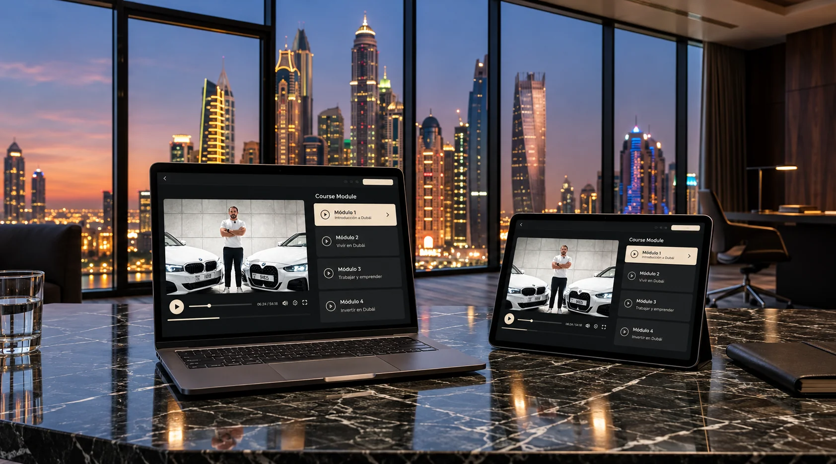 Clases en video de Turismo al Descubierto en laptop y tablet, con el skyline de Dubái de noche